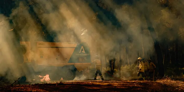 Autobomba de INFOCA entre humo y rayos de luz